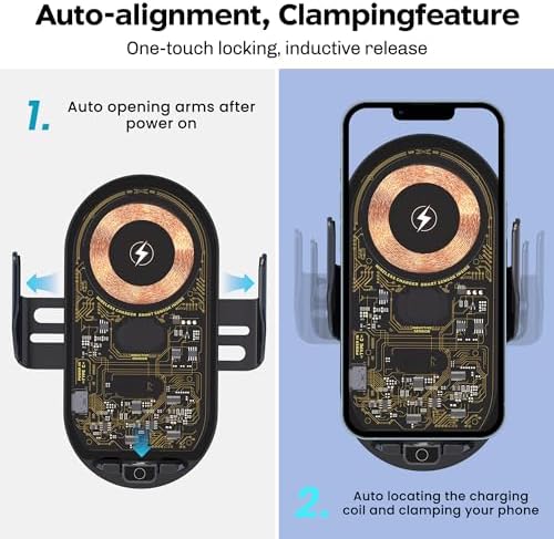 Experience Effortless Charging with the Auto-Clamping Wireless Car Charger and Phone Holder – 15 W Qi Fast Charging for i Phones and Galaxy Devices, Perfect for Navigation and Hands-Free Use – Sleek Design and Enhanced Compatibility for All Smartphones
