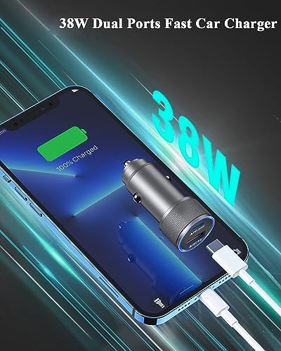 High-Performance i Phone Car Charger – Dual-Port 38 W USB-C & QC3.0 Fast Charging Adapter with 2 Lightning Cables, MFi Certified for i Phone 14, 13 Pro Max, 12, 11, X – Sleek Grey Design for Enhanced Compatibility and Efficiency on the Road