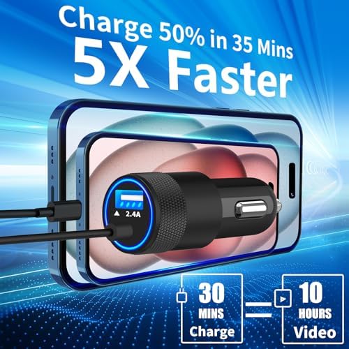Rombica 105 W MFi Certified Dual USB-C & USB-A Fast Car Charger for i Phone 16 Pro Max – Ultimate Portable Power Solution with 6 FT Coiled Type-C Cable for Rapid Charging on the Go, Perfect for Road Trips and Daily Commuting