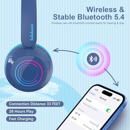 Vibrant LED Bluetooth Headphones for Kids – Lightweight, Hearing-Safe Design with Adjustable Volume Limits, Built-in Microphone, and Ultimate Comfort for School, Travel, and Home – Compatible with Tablets and Smartphones