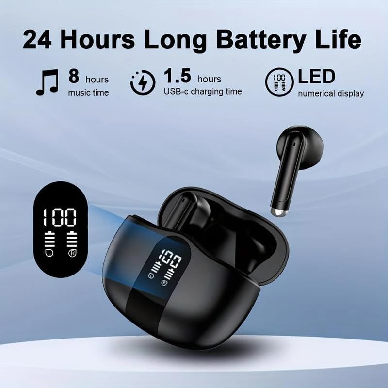 Advanced Bluetooth 5.4 Wireless Earbuds with LED Display – Ergonomic Half In-Ear Design for Ultimate Comfort, 24-Hour Playtime, User-Friendly Touch Controls, and Rapid USB-C Charging – Sleek Black Aesthetic for Exceptional Sound Quality and Daily Versatility