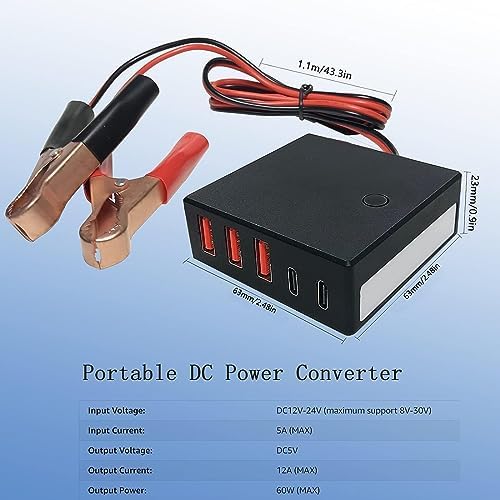 12 V 24 V USB USB-C DC Buck Charger Adapter with Battery Clip – 5 V 12 A 60 W Multi-Port Power Solution for Ultimate Device Compatibility and Fast Charging Efficiency