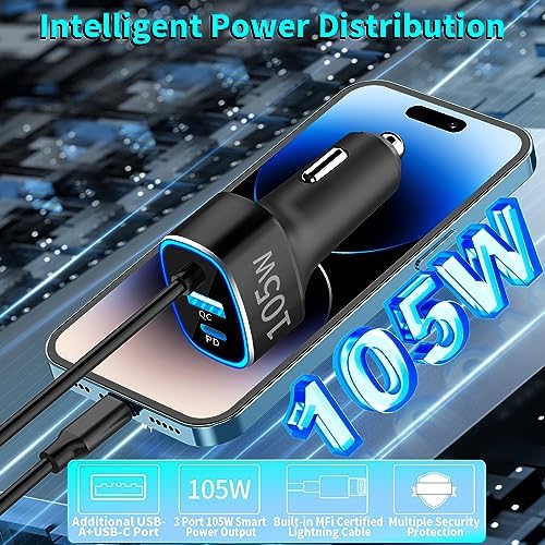 Rombica 105 W MFi Certified Dual USB-C & USB-A Fast Car Charger for i Phone 16 Pro Max – Ultimate Portable Power Solution with 6 FT Coiled Type-C Cable for Rapid Charging on the Go, Perfect for Road Trips and Daily Commuting