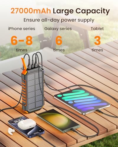 Riapow 27,000 m Ah Solar Power Bank – Wireless Fast Charging Portable Charger with Built-in Cables, 22.5 W PD & QC Support, Rugged Outdoor Battery Pack in Vibrant Orange for Phones, Tablets & Flashlights – Ultimate Adventure Companion