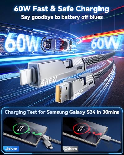 Ultimate 4-in-1 USB C to Lightning Charging Cable – 60 W High-Speed Power & Rapid Data Sync for i Phone, Samsung, i Pad – 10 FT Multi-Device Charger with Car Play & Android Auto Compatibility – Robust, Durable Design for Everyday Use