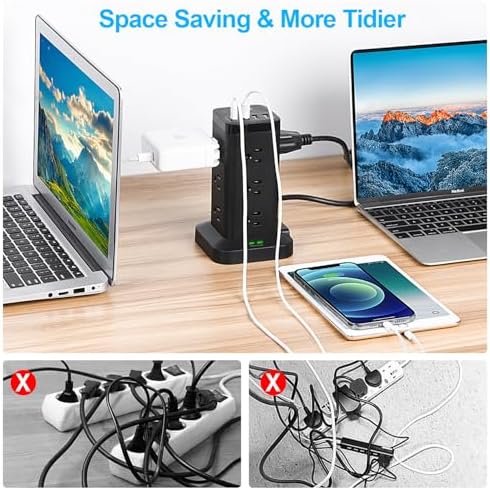 Maximize Workspace Efficiency with the BEVA Surge Protector Power Strip Tower – 12 AC Outlets & 4 Fast-Charging USB Ports, 6.5 FT Extension Cord for Optimal Device Organization and Safety in Office and Home Settings
