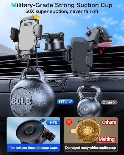 Military-Grade Universal Car Phone Holder – Enhanced 2025 Suction & Clip Technology for i Phone 16 Pro Max, 15 & Samsung – Adjustable Dashboard, Windshield, Air Vent Mount for Optimal Viewing & Safety – Durable Black Design for Secure Smartphone Access