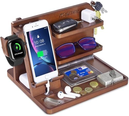 Nightstand Organizer, Wood Phone Docking Station with Adjustable Rack, Bedside Desk Organizer, EDC Tray for Men, Dads, Husbands – Ideal for Anniversaries and Birthdays – Dark Brown – Enhanced Compatibility and Speed