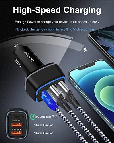AILKIN 56 W PD USB C Car Charger – Ultra-Fast Multiport Charging Solution with 3 Ports for i Phone, Samsung Galaxy, LG, Google Pixel, and More – Compact, Safe, and High-Efficiency Automotive Charging Adapter for All Your Devices