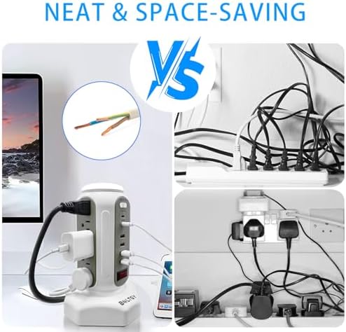 Ultimate Flat Plug Fast Charging Tower – 15 AC Outlets & 6 USB Ports (2 Fast Charge) – Compact Surge Protector Power Strip with 6.5 FT Extension Cord for Home, Office, and Dorm Room – Maximize Charging Efficiency and Enhance Safety