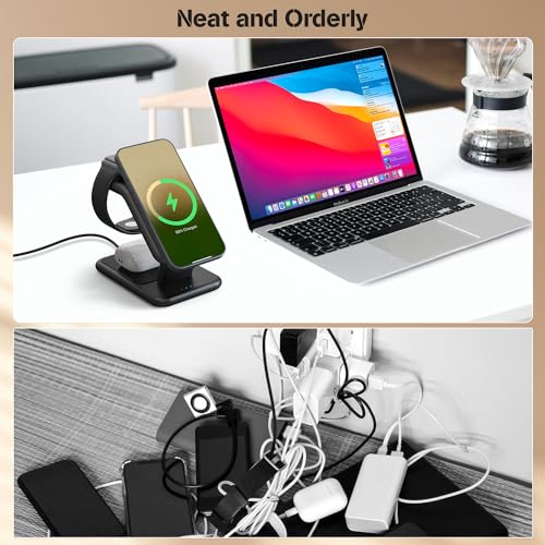 TUMABER 3-in-1 Wireless Charging Station for Apple Devices – Fast Charging Stand for i Phone 15/14/13/12/11, Apple Watch, and Air Pods – Clutter-Free Desk Solution with 25 W USB-C Charger Included – Sleek Office Accessory for Enhanced Device Management