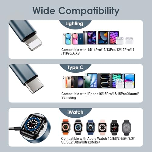 5 FT Multi-Device Charging Cable: Dual Compatibility for Apple Watch and i Phone – Rapid Charge for Series 10, Ultra, SE, All i Phone Models 16-13, Plus Galaxy S24 – Essential Travel Charger for Streamlined Power Management and Versatile Device Use