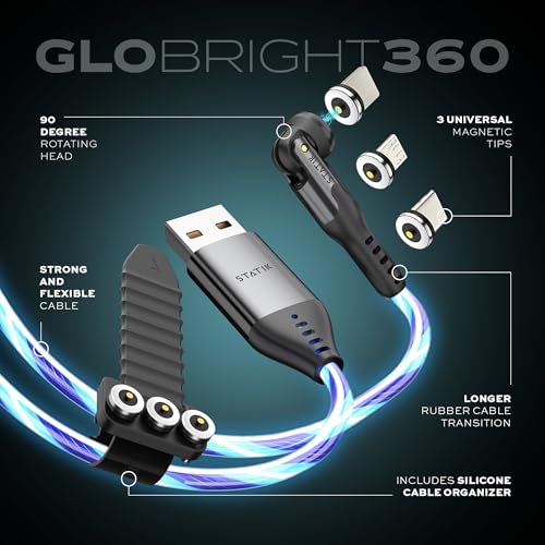 Enhance Your Charging Efficiency with the Statik 360 Magnetic 3-in-1 Cable – Versatile 6 FT Length, Rapid 3 A Power Delivery, Glo Bright Indicator for Effortless Low-Light Connectivity and Universal Device Compatibility