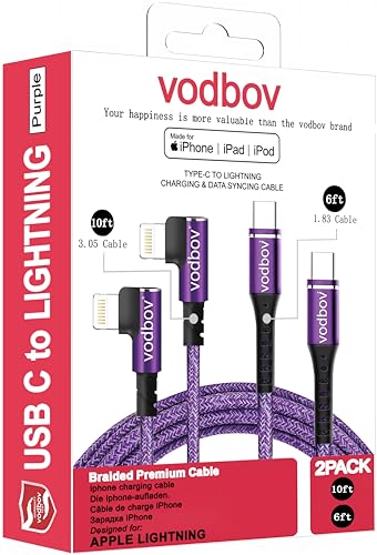 Elevate Your Charging Experience with 90-Degree USB-C to Lightning Cables – 2 Pack in Striking Cosmos Purple, Featuring Extra Long 10 ft & 6 ft Lengths for Fast Charging i Phone Compatibility, MFi Certified for Ultimate Reliability and Comfort in Tight Spaces