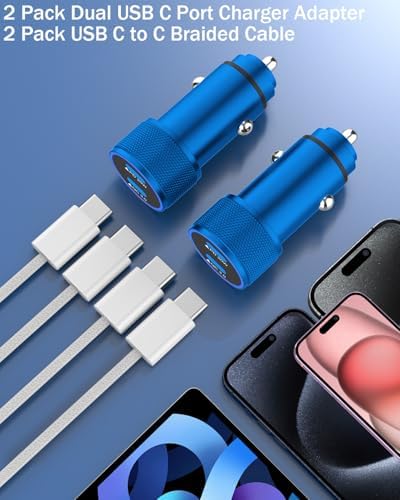 Fast Charge Dual USB-C Car Charger for i Phone 16/16 Pro Max/15 with Braided Nylon Cable – High-Speed PD3.0 Adapter for Convenient On-the-Go Charging – Durable, Compact Design for i Pad Compatibility – Tangle-Free Solution for Everyday Use – Essential Road Trip Companion