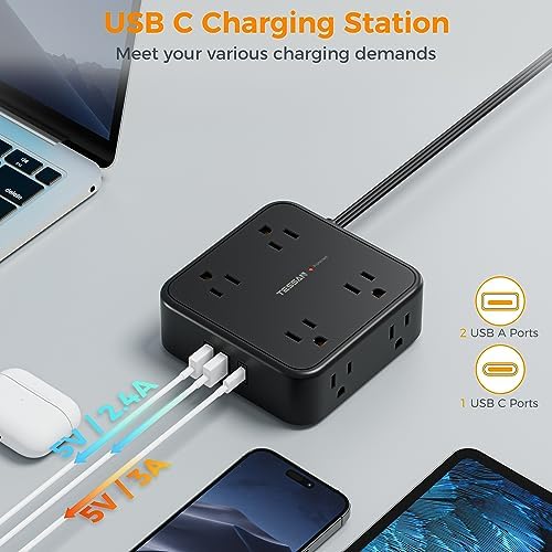 TESSAN Power Strip Tower Surge Protector: 8 AC Outlets & 3 USB Ports (1 USB-C) with 900 Joules Protection, 5 FT Flat Plug Extension Cord – Ultimate Desk Charging Station for Home Office and Dorm Room Efficiency