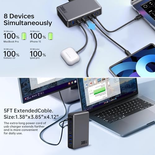 High-Power 300 W USB C Charging Hub – 8-Port Ga N III Fast Charger for Mac Book Pro, Dell, i Phone 16/15/14, Galaxy S23/22 – Ultimate Multi-Device Charging Station for Home and Travel with PD Compatibility