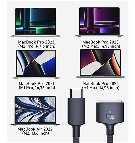 High-Performance 140 W USB-C Magnetic Charging Cable for Mac Book Air (M2, 2022) & Mac Book Pro (M1/M2, 14″ & 16″) – 6.6 ft Midnight Braided Cord, Rapid 50% Charge in 30 Minutes, Secure Magnetic Connection, Durable Tangle-Free Design, Enhanced Safety Features with 365-Day Satisfaction Guarantee