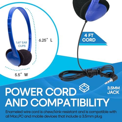 Classroom-Ready Wired Headphones – 25 Pack Durable On-Ear Audio Solution for Students, Comfortable Fit for Enhanced Learning, Ideal for Group Activities and Educational Use
