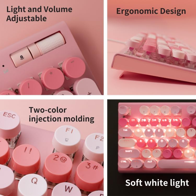 Charming Retro Pink Wired Keyboard with White Backlighting, Volume Control Knob, and Adjustable Stands – Perfect for Stylish Typing on PC or Laptop – Enhance Your Workspace Aesthetic Today!