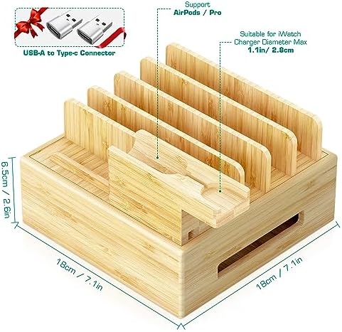 Sustainable Bamboo USB Charging Hub with 7 Ports – Elegant Multi-Device Organizer for Smartphones, Tablets, Smartwatches, and Earbuds – Fast Charging Solution with Dedicated Holders for Tidy Power Management and Stylish Home Décor