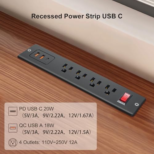 Recessed 20 W PD USB C Power Strip – Ultra-Fast Charging Station with 4 Outlets & 3 USB Ports for Desks & Countertops – ETL Listed Mountable Flat Plug Power Socket for Efficient Workspace Organization and Enhanced Device Compatibility