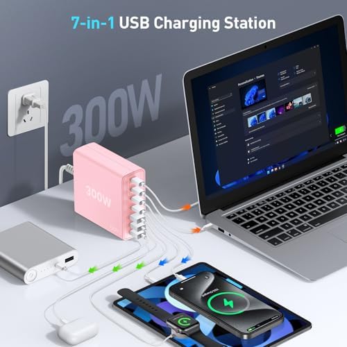 Power Up Efficiently: 300 W 7-Port USB-C Fast Charger Station – Dual PPS PD 100 W Laptop Power Adapter for Multi-Device Charging – Compact & Reliable Wall Hub in Blue – Perfect for Home & Office Use