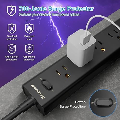 10 FT Surge Protector Power Strip with 5 Outlets & 3 USB Ports (Including 1 USB-C) – 1250 W, 10 A, 700 J Protection for Home Office & Entertainment Setup – Versatile Wall Mount Design for Extended Reach and Fast Charging – 2 Pack Black