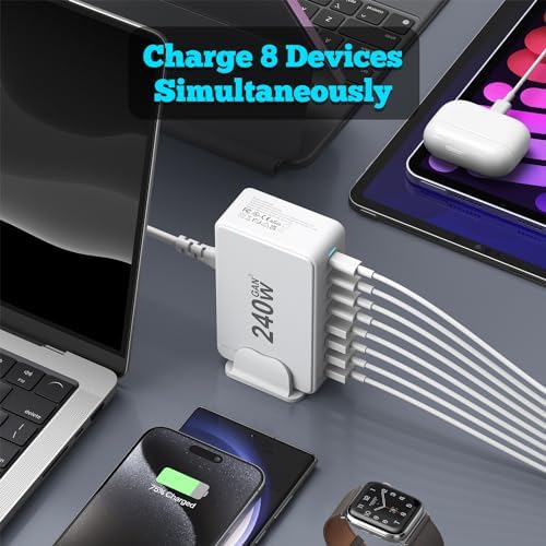 Revolutionary 240 W Ga N USB C Charging Station – 8-Port Fast Charger with PD100 W for Seamless Device Compatibility – Ideal Power Adapter for Mac Book Pro/Air, i Phone, Samsung, and Google – Compact Multi-Device Charging Hub for Enhanced Performance and Portability
