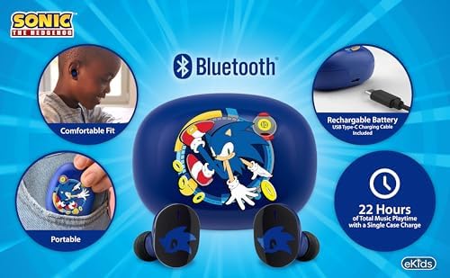 Sonic The Hedgehog Kids Wireless Bluetooth Earbuds with Microphone – Ultimate Audio Adventure for Young Gamers – Lightweight, Durable Design with Compact Charging Case for School, Travel, and Home Use – Effortless Connectivity and Enhanced Device Compatibility for Endless Fun
