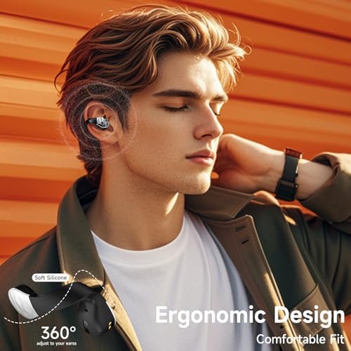 aigo Open Ear Bluetooth Earbuds – Ultra-Lightweight Clip-On Headphones for Active Fitness Enthusiasts, Secure Over-The-Ear Design with Built-In Mic, Effortless Wireless Charging, Enhanced Device Compatibility, Superior Sound Quality for Running and Workouts