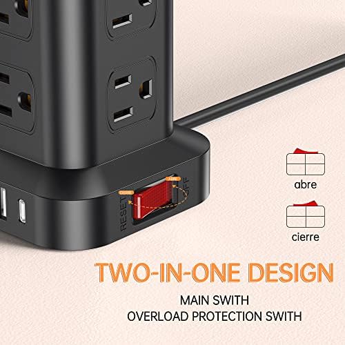 15 FT USB C Surge Protector Power Tower with 12 AC Outlets & 4 Rapid Charging USB Ports – Ultimate Overload Protection for Home and Travel Efficiency – Compact, Versatile Charging Solution for Modern Devices