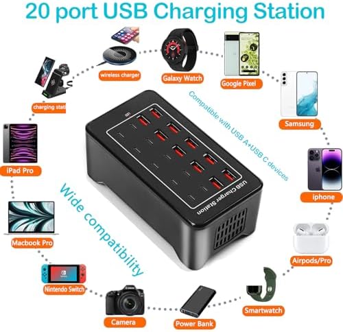 Ultimate 100 W USB C Charger Block – 20-Port Multiport Hub for Fast Charging Apple i Phone, i Pad, and Samsung Galaxy Devices – Compact Desktop Solution with Enhanced Safety Features and Rapid Device Compatibility