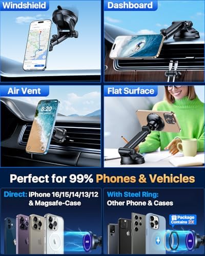 HTU for MagSafe Car Phone Mount Magnetic Phone Holder for Windshield Vent Dashboard Magnetic Suction Phone Mount for iPhone 16/15/14/13/12 & Android (Black) – Enhanced Compatibility and Speed