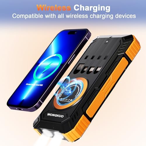 WONGKUO 49,800 m Ah Solar Power Bank – All-Weather Waterproof Charger with USB-C & QC 3.0 Fast Charging, Built-in 4 Cables & LED Flashlight for Outdoor Adventures, Ultimate Portable Battery Solution for Camping & Hiking