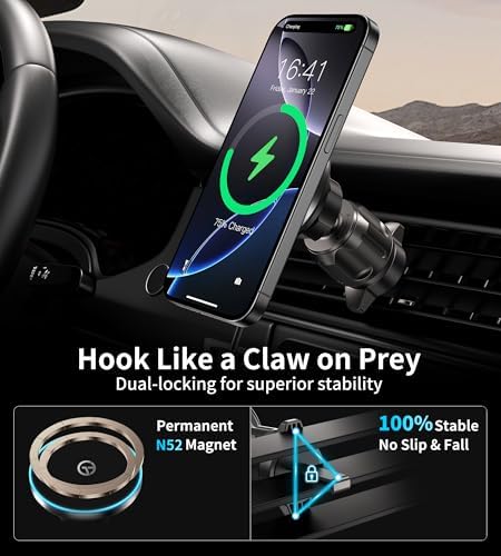 Mag Safe Wireless Car Charger Mount – Ultimate Magnetic Phone Holder for i Phone 12-16 Series, Dash/Windshield/Vent Compatibility, Enhanced Quick Charge with LED Light for Safe Navigation and Seamless Connectivity