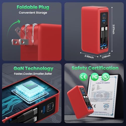 120 W Ga N IV USB-C Charger Station with Dual Retractable Cables – Fast Charging Wall Adapter for Mac Book, i Pad, i Phone 16/15/14, Galaxy S24 & Android Devices – Compact 4-in-1 Foldable Design for Effortless Travel and Enhanced Compatibility