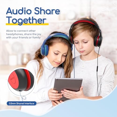 Kid-Friendly Foldable Wired Headphones with Microphone – Volume Limiting Safety (85/94 d B) for Hearing Protection, Share Port for Collaborative Audio, Ideal for Tablets, PCs, and School Use – Enhanced Type C Compatibility for Optimal Sound Quality and Comfort