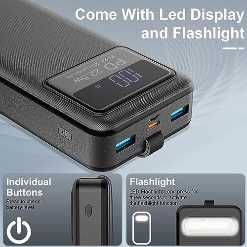 High-Capacity 20,000 m Ah Portable Charger with 22.5 W PD Fast Charging, LED Display, and Flashlight – USB-C Compatible Power Bank for i Phone, i Pad, Samsung, LG, and Android Devices – Ultimate On-the-Go Charging Solution in Sleek White Design