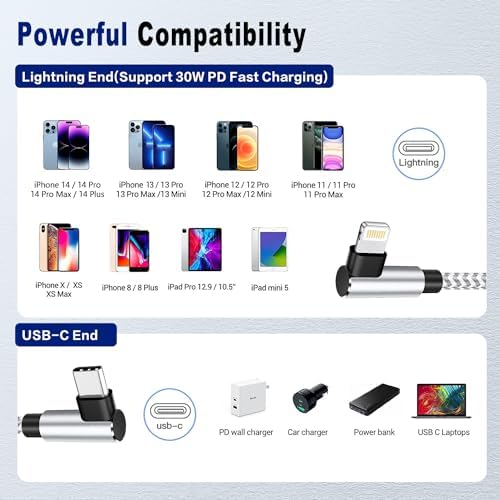 6 FT USB C to Lightning Cable 2-Pack – MFi Certified Fast Charging with 90-Degree Connector | Durable Nylon Braided Design for i Phone 14/13/12/11 Pro Max, XR, XS, i Pad & More | Optimal Performance & Enhanced Compatibility