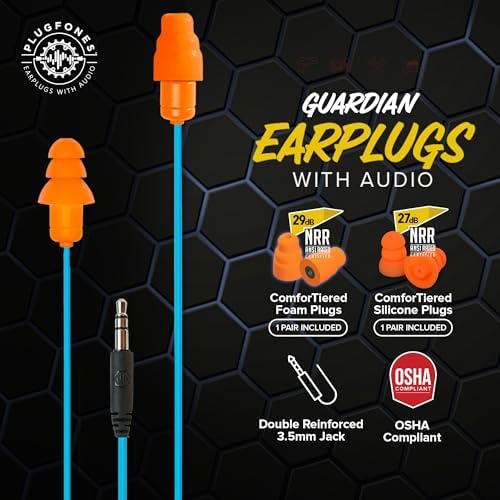 Plugfones Guardian Hybrid In-Ear Headphones with 29 d B Noise Reduction – OSHA Compliant Earplug Earbuds for Ultimate Hearing Protection and Superior Sound Quality – Includes Waterproof Case (Blue & Orange) for Easy Portability and Enhanced Durability