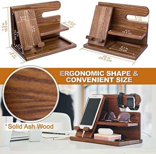 TESLYAR Wood Phone Docking Station for Men – Desktop or Nightstand Organizer – Birthday Gifts for Men, Dad – Anniversary Idea from Wife – Key Holder, Stand Wallet, Watch & Essentials (Antique Brown) – Enhanced Compatibility and Speed