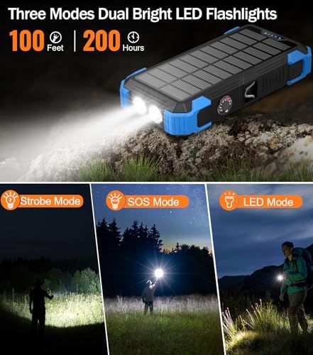 GOODaaa 42800 m Ah Portable Solar Power Bank with Built-in Cables and 15 W Fast Charging – Multi-Device Outdoor Charger with 5 Outputs, 3 Inputs, Emergency Flashlight and Durable Carabiner for Ultimate Convenience and Reliability