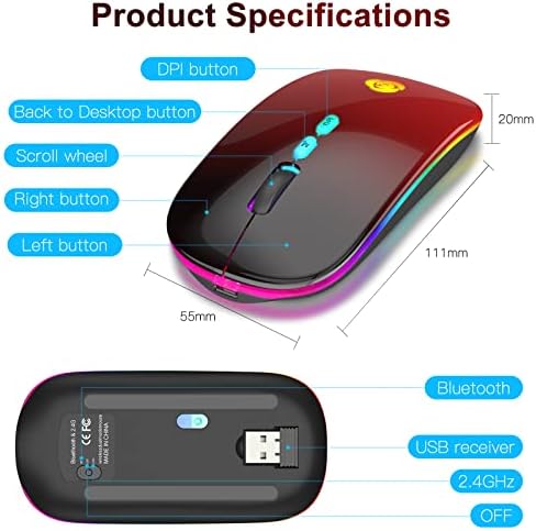 Upgrade Your Workflow with the CC Store LED Wireless Mouse – Dual Connection Modes (Bluetooth & 2.4 GHz), Ultra-Silent Rechargeable Design, Adjustable DPI Settings for Precision, Ergonomic Slim Profile, USB-C Adapter Included – Perfect for Laptops, Mac Books, PCs, Tablets, and i Pads (Black-Red)