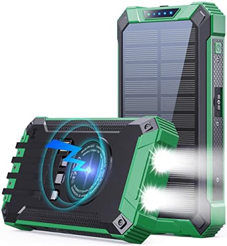GOODaaa 36,000 m Ah Solar Wireless Power Bank with Built-in 4 Cables, Fast 15 W Charging, 6 Outputs & Dual Flashlights – Ultimate Portable Charger for All Devices with Carabiner for Easy Carrying