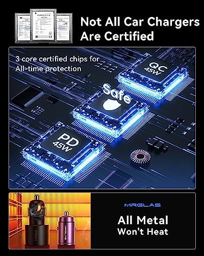 MRGLAS 90 W USB C Car Charger – Rapid PD45 W & QC3.0 Dual Port Adapter for i Phone 16 Pro Max & Samsung S25 – Stylish Purple Fast Charging Solution for On-the-Go Power Needs – Compact & Reliable Cigarette Lighter Charger for Busy Lifestyles