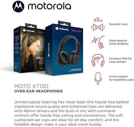 Motorola Sound Moto XT120 Wired Over-Ear Headphones – Immerse Yourself in Dynamic Bass with Foldable Convenience, Adjustable Comfort, and Built-in Microphone for Effortless Calls – Universal 3.5 mm Compatibility and Chic White Finish for Style and Functionality – Your Ultimate Audio Companion for Every Occasion