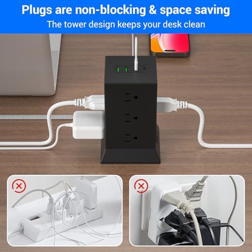 Ultimate Power Strip Tower with 12 AC Outlets & 4 USB Ports (2 USB-C) – 6.5 Ft Flat Plug Extension Cord Surge Protector for Home Office & Dorm Room – Individual Switches for Enhanced Control & Fast Charging, Space-Saving Design, Black