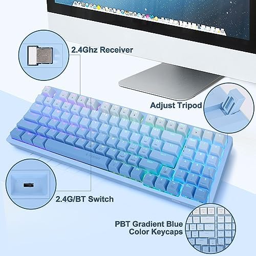HUO JI Gradient Blue Wireless Mechanical Keyboard – Versatile 3-Mode Connectivity (Bluetooth, 2.4 G, Wired) with RGB Backlighting & Hot Swappable White Switches for Ultimate Customization – Compact 94-Key Layout Perfect for Gaming & Office Use