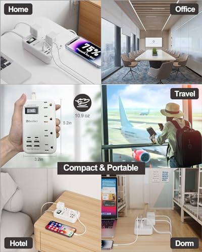 International Travel Power Adapter with 6 USB Ports and 4 AC Outlets – Versatile Plug Converter for European Destinations Including UK, France, Italy, and Germany – Compact 3 ft Extension Cord with Surge Protection for Enhanced Device Safety and Charging Efficiency